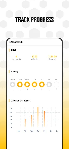 Plank workout progress tracker with total workouts, calories burned, weekly history calendar, and daily calorie burn chart