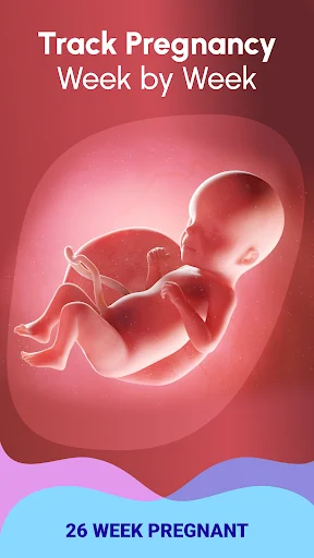 Pregnancy Tracker app showing fetal development at 26 weeks with baby illustration and week-by-week tracking feature