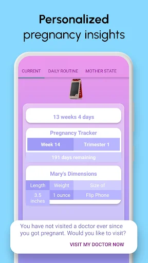 Personalized pregnancy insights dashboard showing 13 weeks 4 days progress with baby dimensions and doctor visit reminder