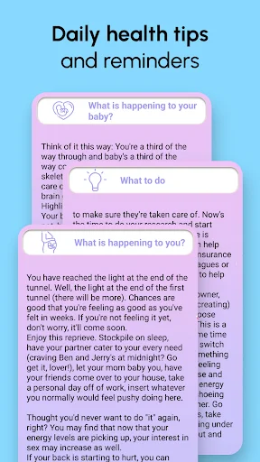 Daily health tips screen displaying pregnancy advice, baby development info, and what-to-do reminders for expectant mothers