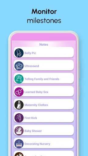 Pregnancy milestone tracker with checklist items including belly pics, ultrasound, baby shower, and nursery planning