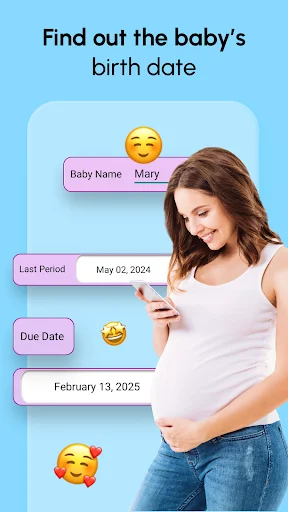 Due date calculator showing baby name Mary, last period May 02 2024, with pregnant woman and estimated delivery date