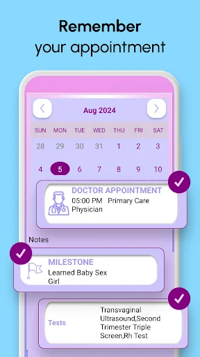 Pregnancy appointment calendar for August 2024 with doctor visit scheduled and milestone tracking for baby's gender