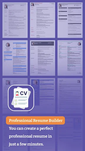 Resume builder app showing multiple professional CV templates with purple design for quick resume creation in minutes