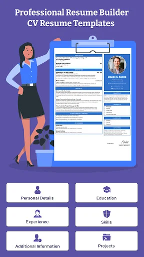 Resume template selection screen with professional woman presenting CV layouts and section categories like education, experience, skills