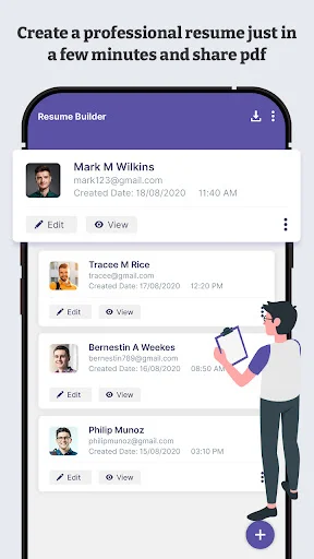 Saved resumes list displaying created CVs with user names, emails, creation dates, and edit/view options for management