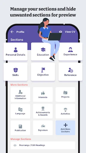 Resume sections customization interface showing options to manage, hide, and organize resume sections for profile preview