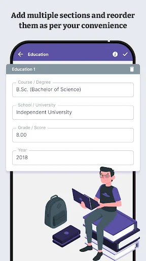 Education section form to add multiple education entries with course degree, school name, grade, and graduation year fields