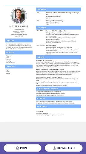 Completed professional resume template preview with contact information, objective, experience, projects, and download/print buttons