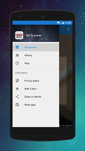 QR Scanner app menu with options for History, Help, Privacy policy, Rate, Share, and More apps