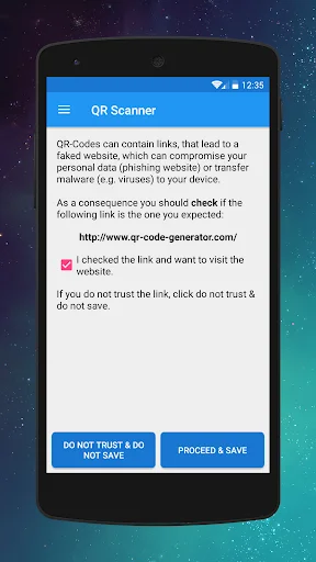 QR Scanner security warning about phishing links in QR codes with trust or reject option