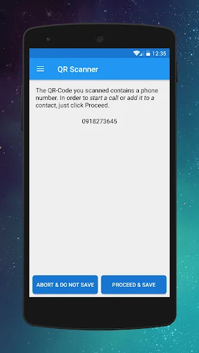 QR Scanner result showing phone number extracted from code with call and contact options