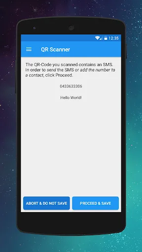 QR Scanner result displaying SMS message text decoded from scanned QR or barcode