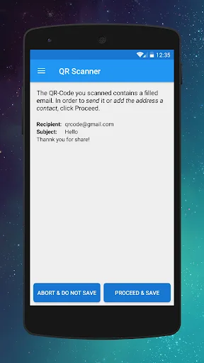 QR Scanner result showing email details including recipient and subject from QR code