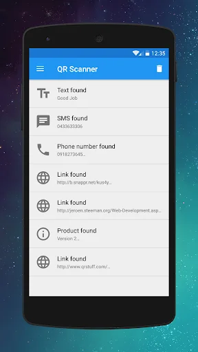QR Scanner results list showing multiple data types: text, SMS, phone, links, and product