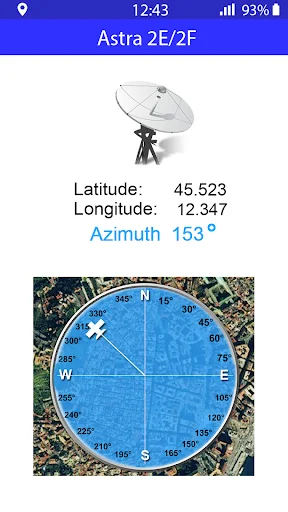Satellite Finder app showing Astra 2E/2F satellite with GPS coordinates and 153° azimuth compass direction for TV setup