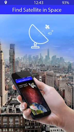 Find Satellite in Space feature displaying phone overlay on city skyline with satellite dish icon for GPS satellite tracking