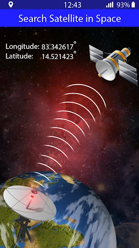 Search Satellite interface showing Earth with satellite dish and signal waves, GPS coordinates for satellite positioning