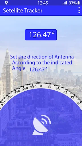 Satellite Tracker screen with 126.47° angle measurement and protractor tool for antenna direction alignment setup