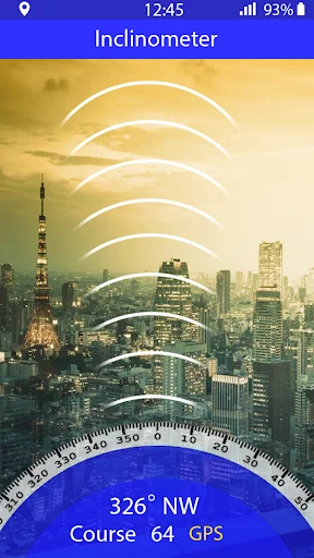 Inclinometer tool showing 326° NW course with GPS reading and curved signal lines over city skyline for satellite alignment