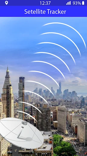 Satellite Tracker displaying curved signal waves over urban landscape with satellite dish for directional positioning