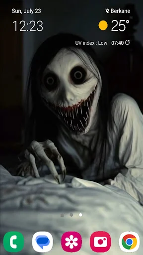 Skeletal skull-faced horror wallpaper with stitched mouth displayed on Android home screen background