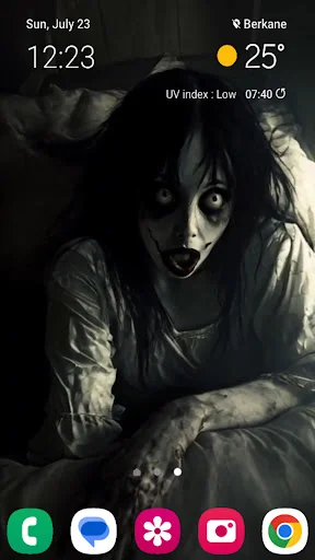 Pale ghost-faced horror wallpaper with skeleton features emerging from darkness for phone styling