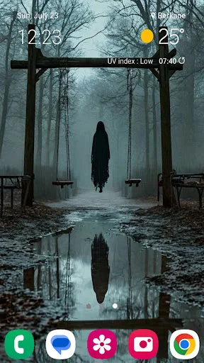 Eerie horror wallpaper with dark silhouette standing in forest tunnel reflected in water below