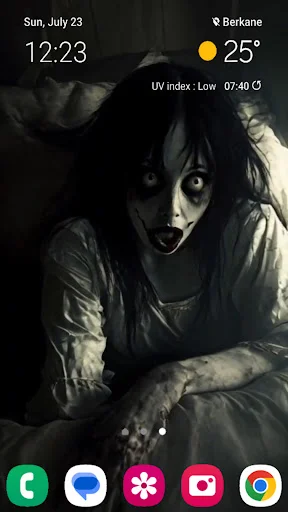 Creepy pale-faced monster wallpaper with eerie lighting displayed on mobile device personalization screen