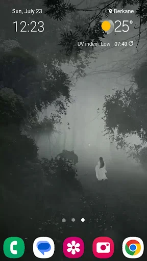 Misty forest ghost figure wallpaper in atmospheric horror style for mobile device home screen