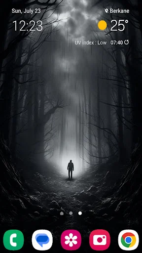 Spooky silhouette figure in dark tunnel wallpaper with bare trees for scary phone background