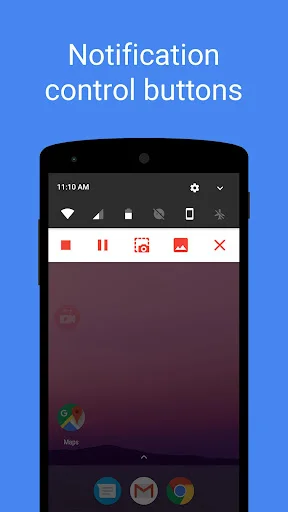 Screen Recorder notification control buttons including record, pause, stop, screenshot, and delete options