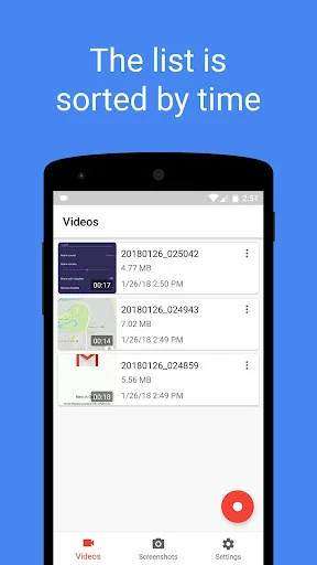 Screen Recorder video library displaying list of recorded videos and screenshots sorted by time and date