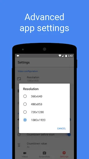 Screen Recorder advanced settings showing video resolution options from 360p to 1080p quality configurations