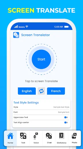 Screen Translator main interface showing Start button, English-French language selection, and text style customization options