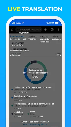 Screen Translator live translation mode displaying real-time translation of cryptocurrency market data with growth statistics and charts