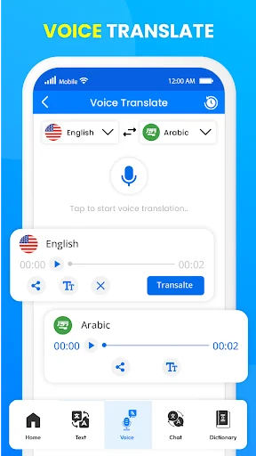 Screen Translator voice translator feature with microphone button, English to Arabic audio translation, and playback controls