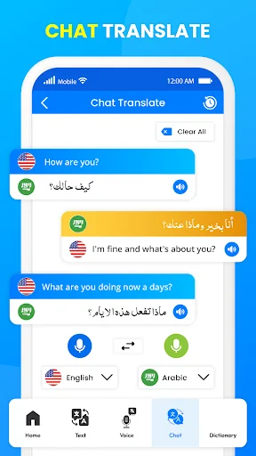 Screen Translator chat translation interface showing bilingual conversation between English and Arabic with instant message translation
