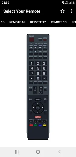 Dark Sharp TV remote control interface with numeric keypad (0-9), power button, channel controls, and Netflix streaming shortcut for smartphone control