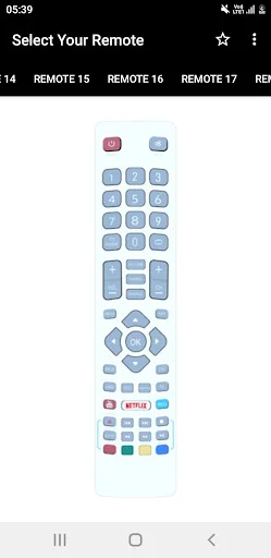 Light blue Sharp TV remote layout with number pad, directional navigation buttons, circular control pad, and streaming service app shortcuts for mobile