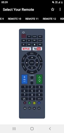 Sharp TV remote with power button, numeric keypad, circular directional navigation pad, Netflix YouTube buttons, and color-coded control options