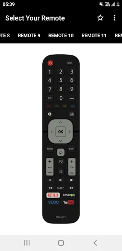 Sharp TV smartphone remote featuring red power button, numeric keypad, centered OK navigation button, and media streaming app shortcut buttons