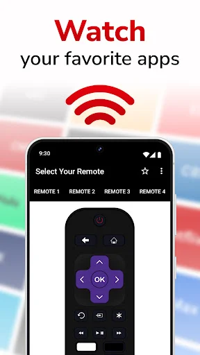 Watch favorite apps screen showing mobile remote app with directional pad, OK button, and navigation controls for app selection
