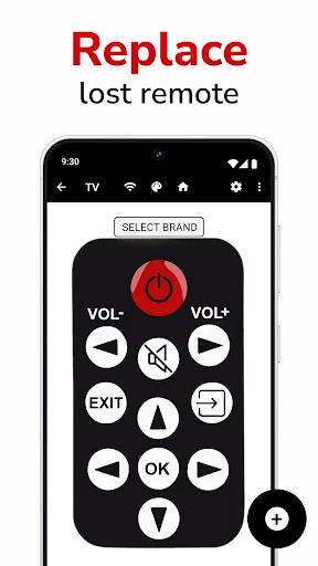 Replace lost remote screen showing brand selection interface and simplified digital remote with power button, volume and navigation