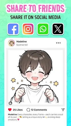 Social media sharing screen displaying anime artwork for Facebook Instagram WhatsApp and Twitter