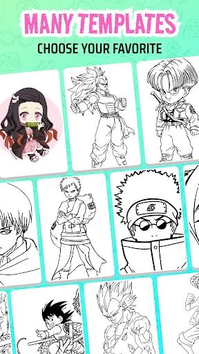 Template gallery in AR Sketch app displaying various anime and manga character outlines for digital drawing