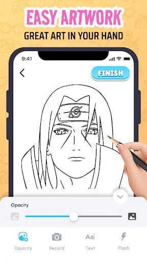 Digital art creation interface showing sketch artwork of anime character with drawing tools and opacity controls