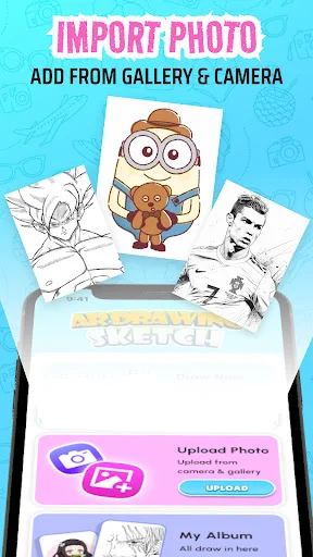 Photo import feature allowing users to upload images from gallery or camera for sketch conversion in AR app