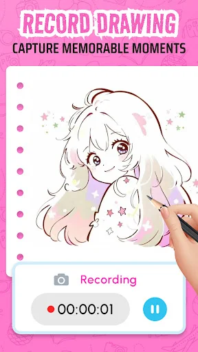Recording function in AR Sketch app capturing drawing process of cute anime character with timer display