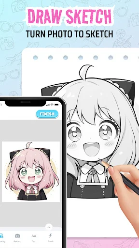 Photo to sketch art converter displaying anime character with stylus drawing tool on digital canvas